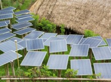 15 Dec 2013, Ubud, Gianyar Regency, Bali, Indonesia --- Solar panels in tropical garden --- Image by © Marc Romanelli/Blend Images/Corbis